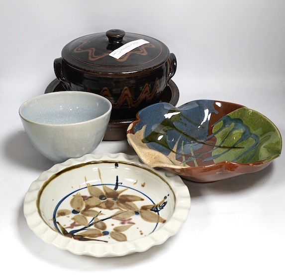 A David Melville studio stoneware pot and cover, a large dish and plate, largest 30cm diameter